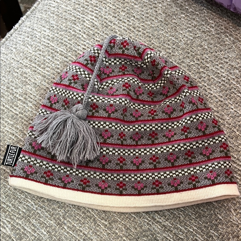 Turtle Fur Canada Merino Wool Beanie Winter Hat Tassel Floral